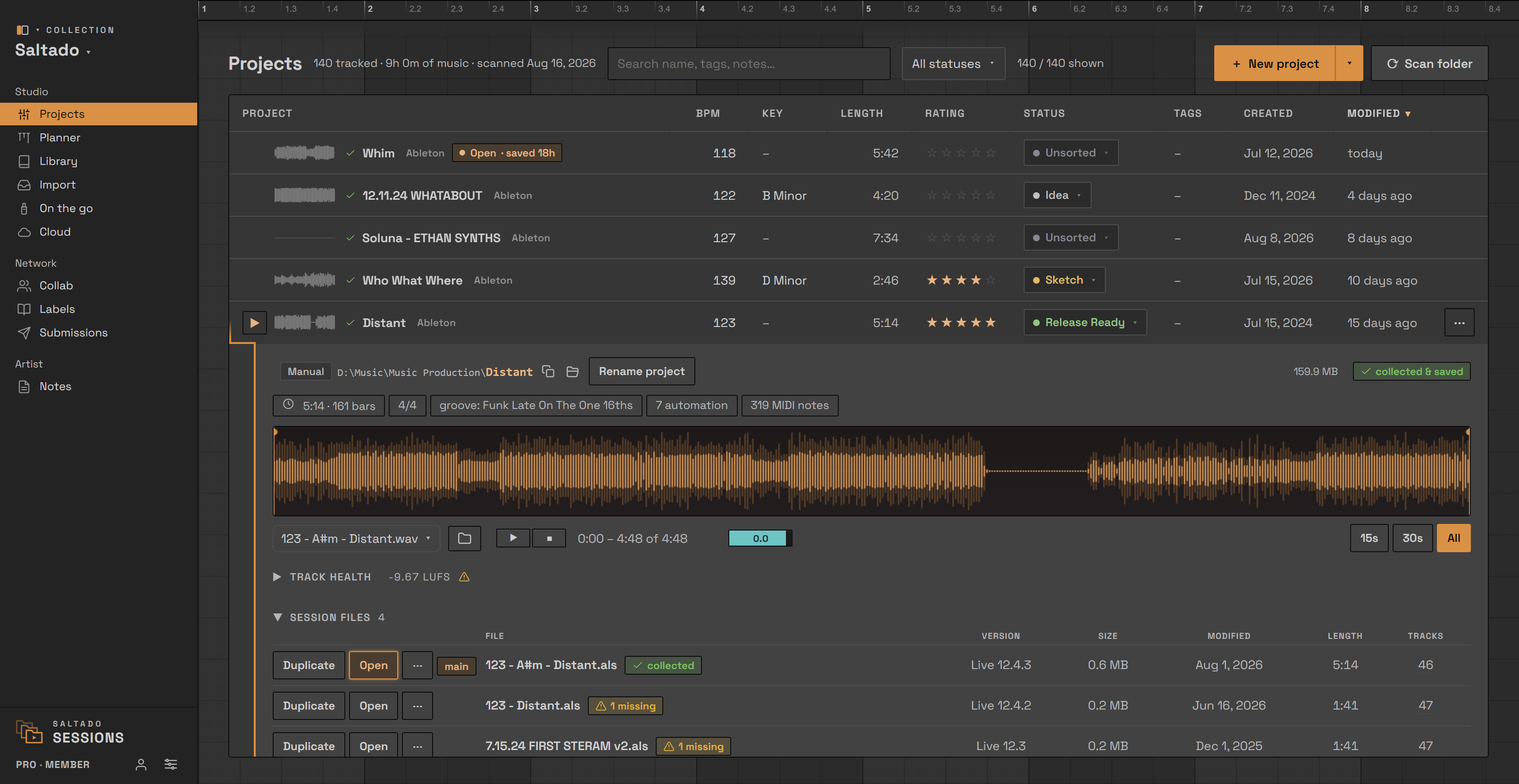 Saltado Sessions showing a scanned library of Ableton projects, one project expanded to show its waveform, session files, and the devices and plugins the set uses.