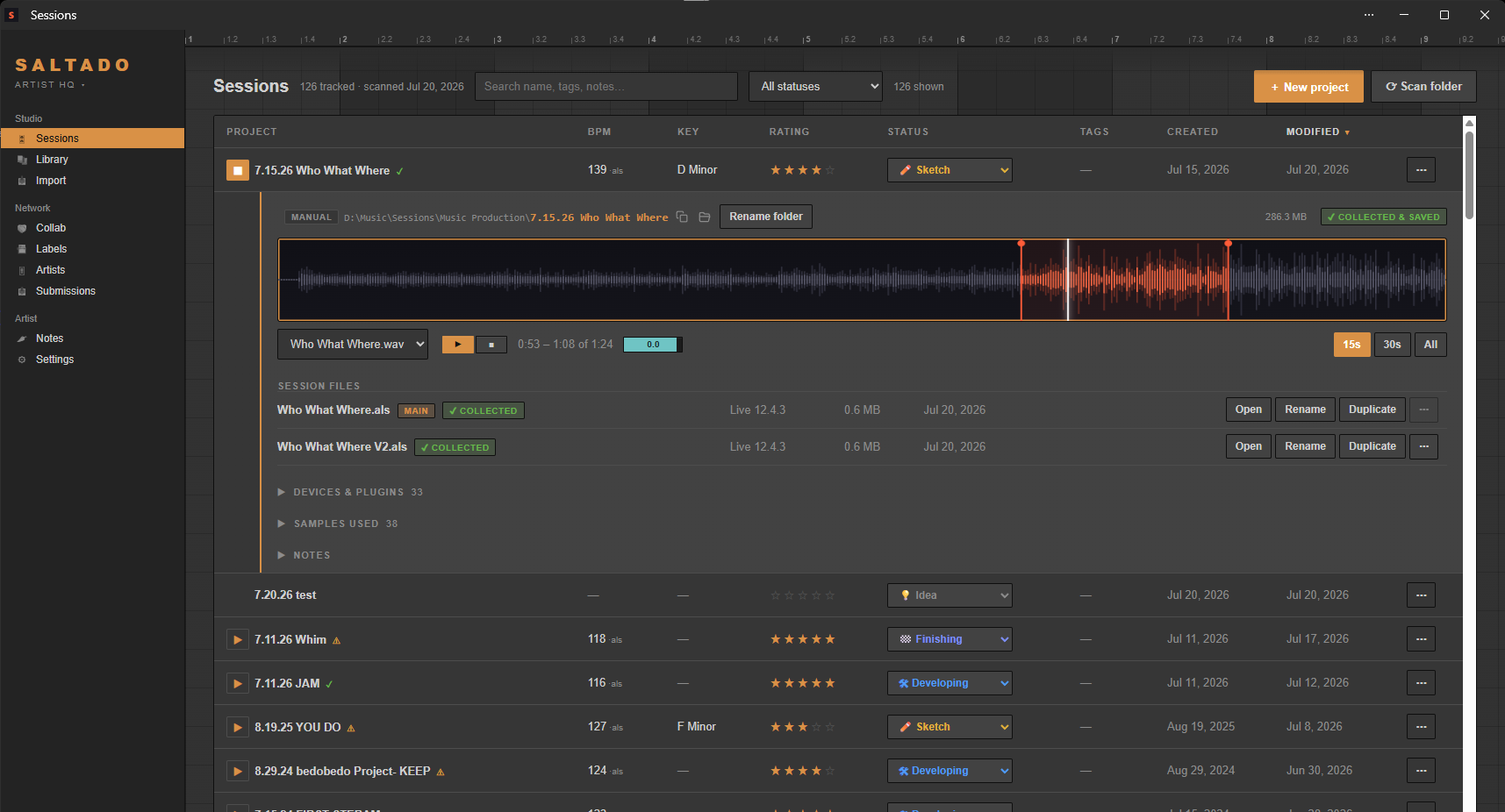 Saltado Sessions showing the session list with one project expanded: waveform preview with a draggable play window, session files with their Live versions, and collapsible Devices & Plugins, Samples Used and Notes sections.
